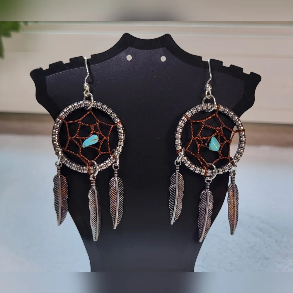 Silver Dreamcatcher Statement Dangle Earrings / Pierced